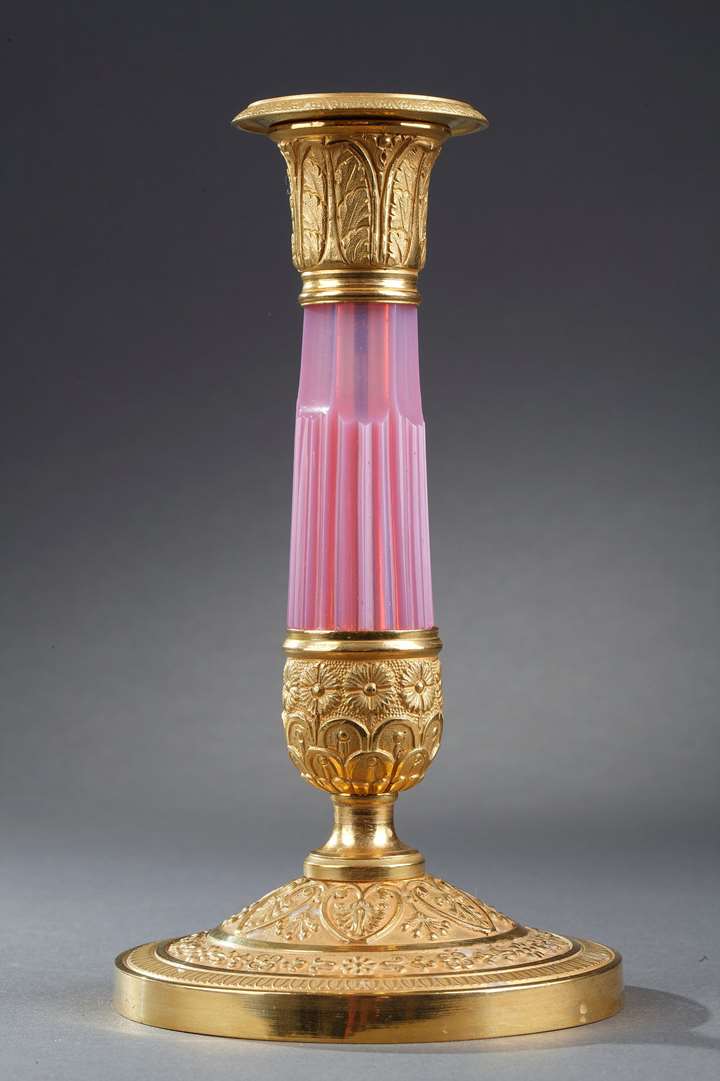 Candlestick in gilded bronze and opaline